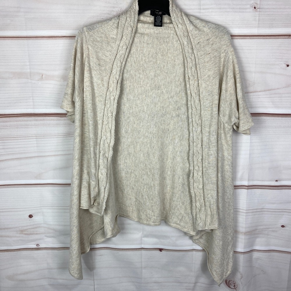 FYLO Cardigan Womens Large Beige Waterfall Short Sleeve Open Front Sweater Solid